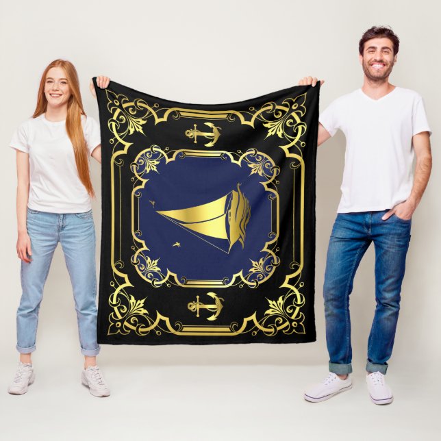 Nautical anchor/sailboat black/gold/blue fleece blanket (In Situ)