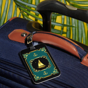 Nautical anchor/sailboat gilded black/gold/aqua luggage tag