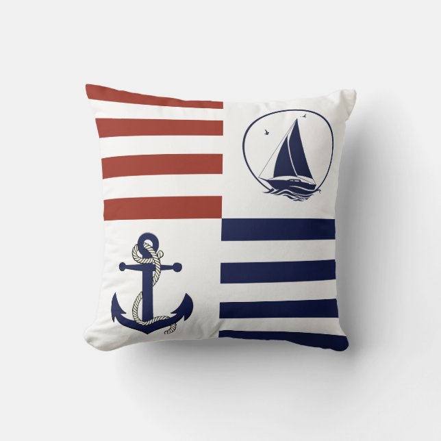 Nautical anchor/sailboat red/navy blue stripe cushion (Front)