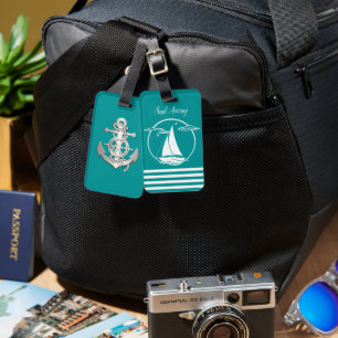 Nautical anchor/sailboat silhouette/sail away/aqua luggage tag