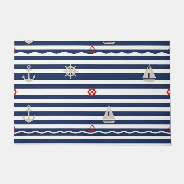 Nautical Anchor Sailboat Stripe Pattern Doormat (Front)