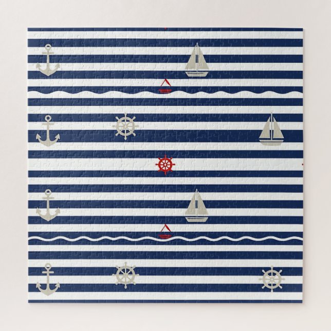 Nautical Anchor Sailboat Stripe Pattern Jigsaw Puzzle (Vertical)