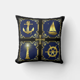 Nautical anchor/sailboat/wheel/lighthouse gold/blu cushion