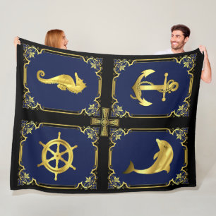 Nautical anchor/sailboat wheel/seahorse/dolphin+ fleece blanket