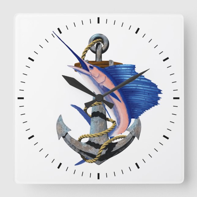Nautical Anchor Sailfish Fishing Square Wall Clock (Front)