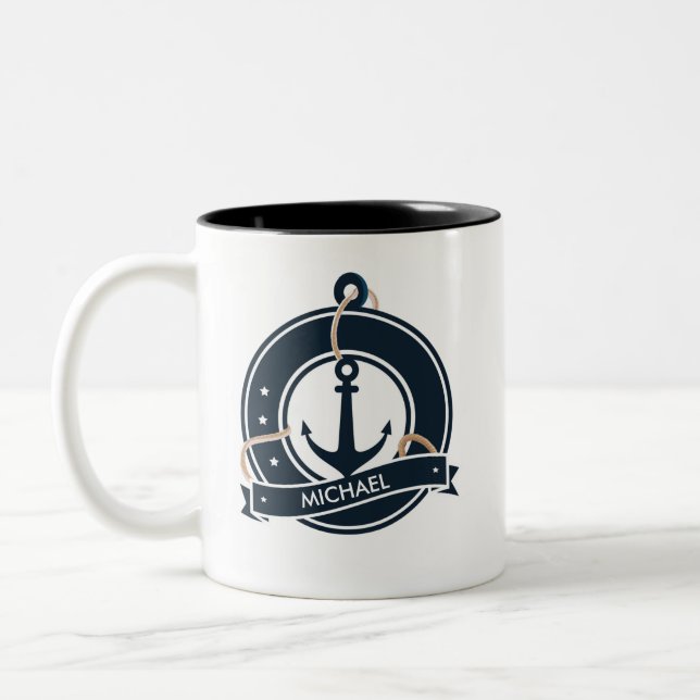 Nautical Anchor Sailor Sailing Personalised Two-Tone Coffee Mug (Left)