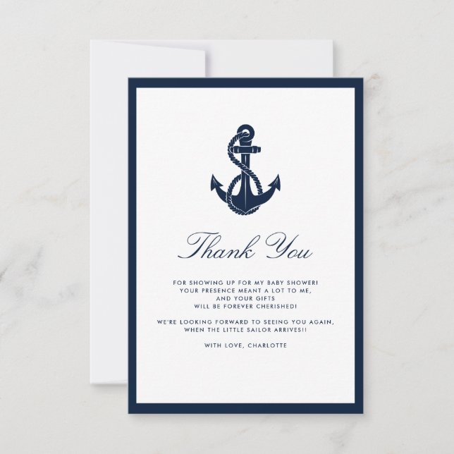 Nautical Anchor Script Boy Baby Shower Thank You Card (Front)
