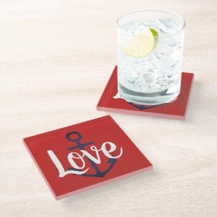 nautical ANCHOR + script LOVE Glass Coaster