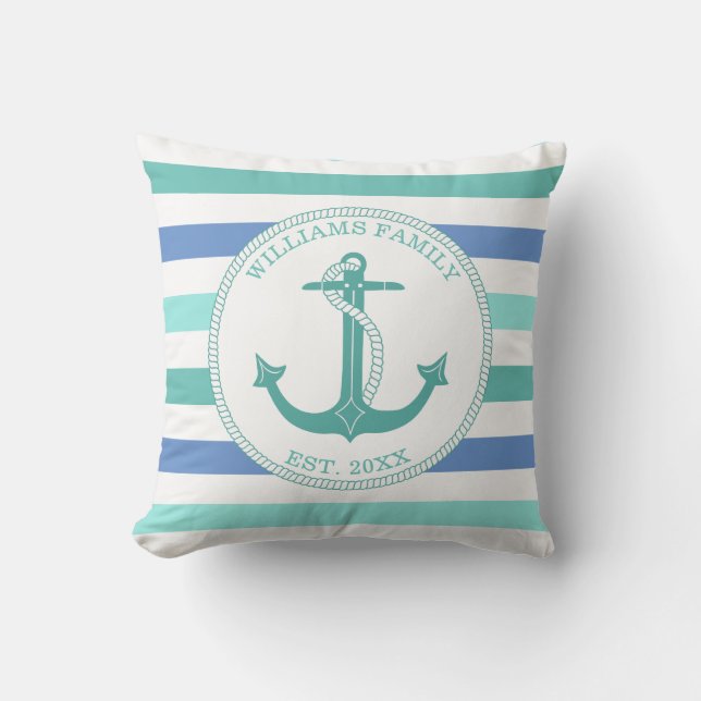 Nautical Anchor Seafoam Stripe Family Monogram Cushion (Front)