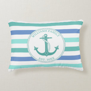 Nautical Anchor Seafoam Stripe Family Monogram Decorative Cushion