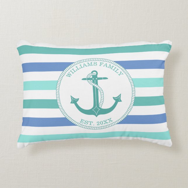 Nautical Anchor Seafoam Stripe Family Monogram Decorative Cushion (Front)