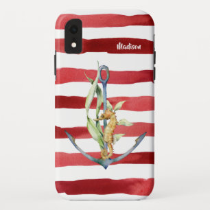 Nautical Anchor Seahorse and Red Stripes with Name iPhone XR Case