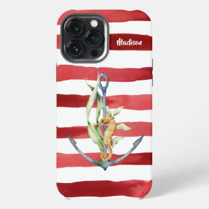 Nautical Anchor Seahorse and Stripes with Name iPhone 13 Pro Max Case