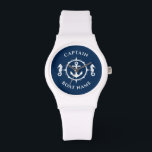 Nautical Anchor Seahorse Captain Boat Name Navy Watch<br><div class="desc">A Nautical Anchor and Seahorse with Captain Rank or other title and Your Name or Boat Name on a Stylish Wrist Watch. This personalised Pocket Watch will not just time but also is a fun conversation piece. Perfect for Father's Day but also makes a great gift for any occasion.</div>