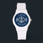 Nautical Anchor Seahorse Captain Boat Name Navy Watch<br><div class="desc">A Nautical Anchor and Seahorse with Captain Rank or other title and Your Name or Boat Name on a Stylish Wrist Watch. This personalised Pocket Watch will not just time but also is a fun conversation piece. Perfect for Father's Day but also makes a great gift for any occasion.</div>