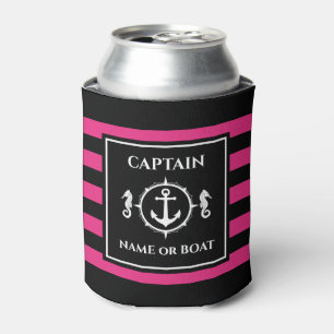 Nautical Anchor Seahorse Captain Name or Boat Pink Can Cooler