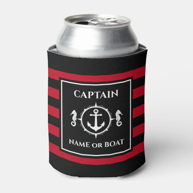 Nautical Anchor Seahorse Captain Name or Boat Red Can Cooler (Can Front)