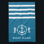 Nautical Anchor Seahorse Your Boat Name Aqua Blue Tea Towel<br><div class="desc">Custom Nautical Anchor with Seahorse and Your Personalised Boat Name on a Navy Aqua Blue Kitchen Towel.</div>