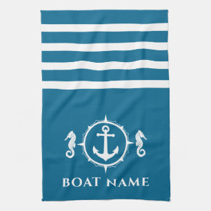 Nautical Anchor Seahorse Your Boat Name Aqua Blue Tea Towel