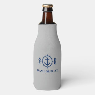 Nautical Anchor Seahorse Your Name or Boat Lt Gray Bottle Cooler