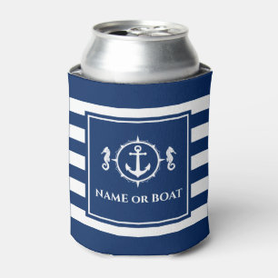Nautical Anchor Seahorse Your Name or Boat Navy Can Cooler