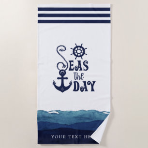 Nautical Anchor SEAS THE DAY Navy Personalised Beach Towel