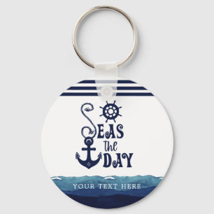Nautical Anchor SEAS THE DAY Navy Personalised Key Ring