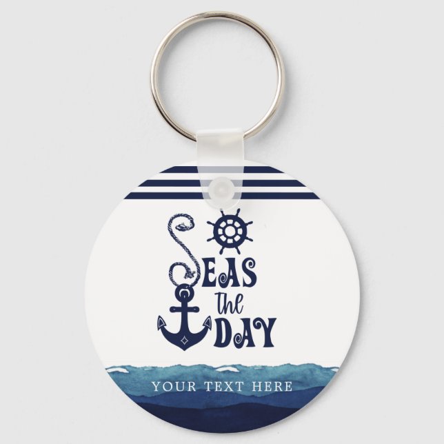 Nautical Anchor SEAS THE DAY Navy Personalised Key Ring (Front)