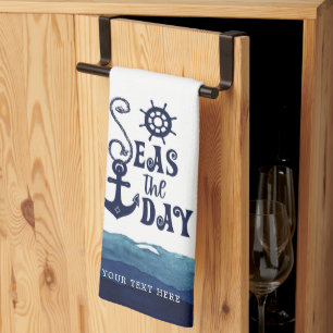Nautical Anchor SEAS THE DAY Personalised Tea Towel