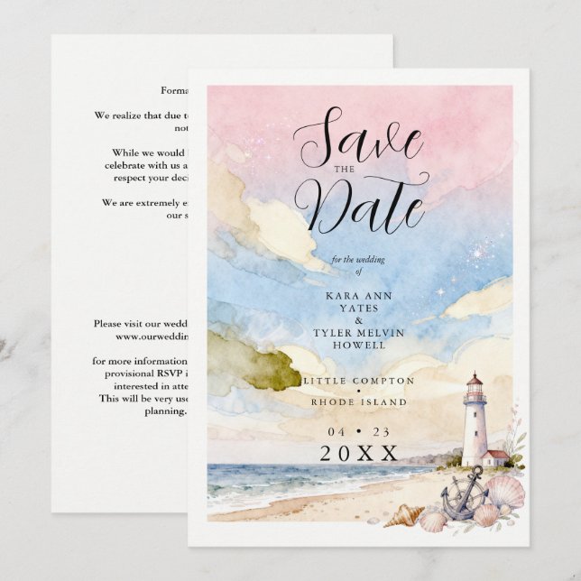 Nautical Anchor & Seashells Coastal Scene Wedding Save The Date (Front/Back)