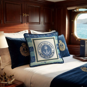 Nautical Anchor & Shells Monogram Navy Teal Cushion