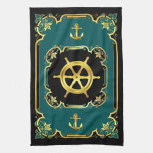 Nautical anchor/ship wheel gilded black/gold/aqua tea towel