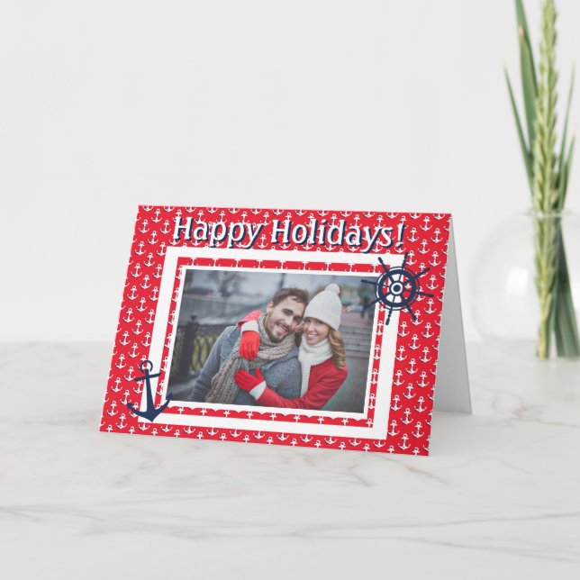 Nautical Anchor & Ships Wheel Custom Photo & Text Holiday Card (Front)
