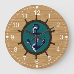 Nautical Anchor Ships Wheel Helm Sailor Design Large Clock