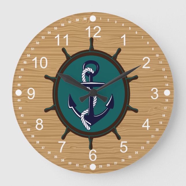 Nautical Anchor Ships Wheel Helm Sailor Design Large Clock (Front)