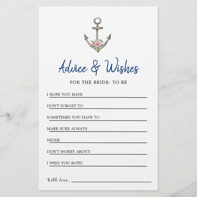 Nautical Anchor shower Advice & Wishes card (Front)