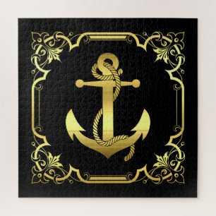 Nautical anchor silhouette/gold/black/black jigsaw puzzle