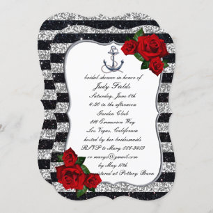 Nautical Anchor Silver Black Stripes Bridal Shower Invitation