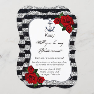 Nautical Anchor Silver Black Stripes Bridesmaid Invitation