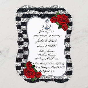 Nautical Anchor Silver Black Stripes Engagement Invitation