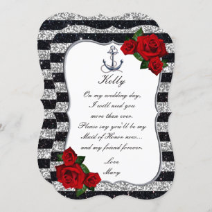 Nautical Anchor Silver Black Stripes Maid Of Honou Invitation