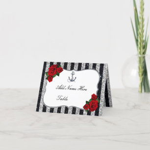 Nautical Anchor Silver Black Stripes Place Card