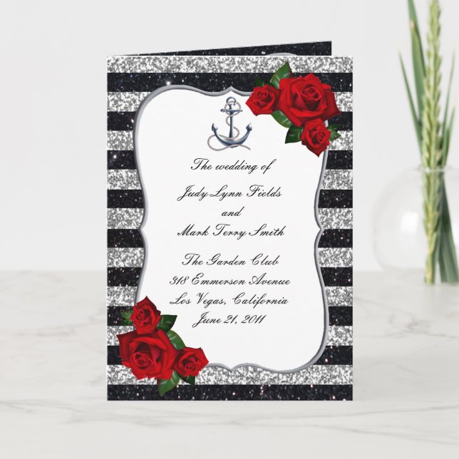 Nautical Anchor Silver Black Stripes Program Card (Front)