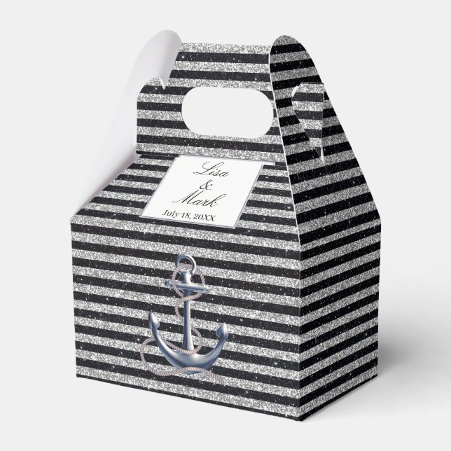 Nautical Anchor Silver Black Stripes Wedding Favour Box (Front Side)