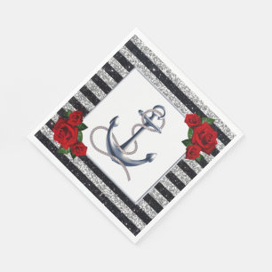 Nautical Anchor Silver Black Stripes Wedding Napkin