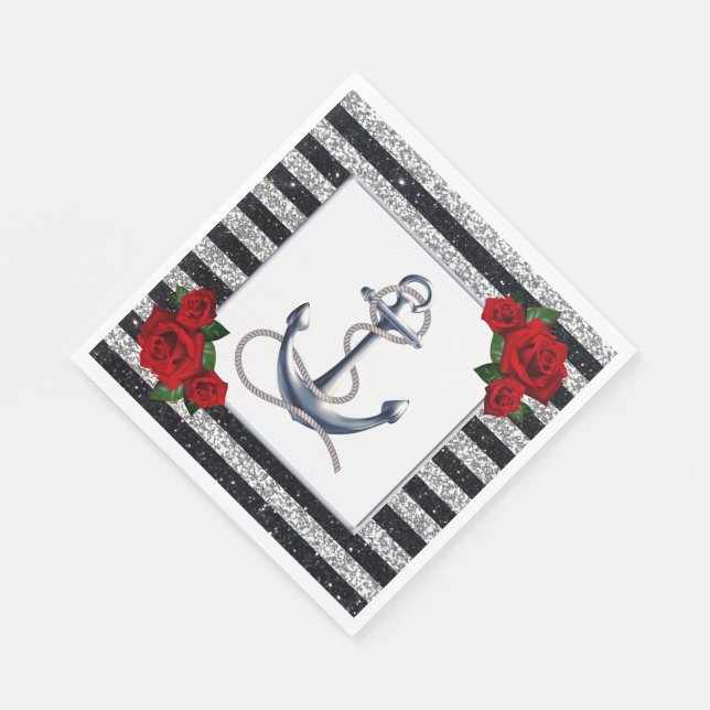 Nautical Anchor Silver Black Stripes Wedding Napkin (Corner)