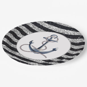 Nautical Anchor Silver Black Stripes Wedding Paper Plate