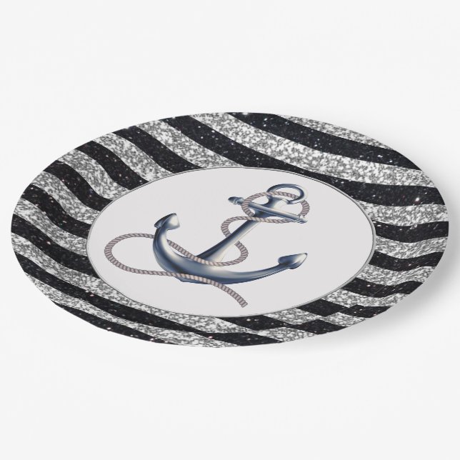 Nautical Anchor Silver Black Stripes Wedding Paper Plate (Angled)