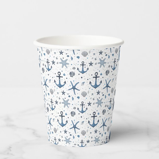 Nautical Anchor Starfish Beach Theme Paper Cups (Front)