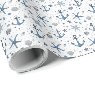 Nautical Anchor Starfish Blue and White Gift Wrap